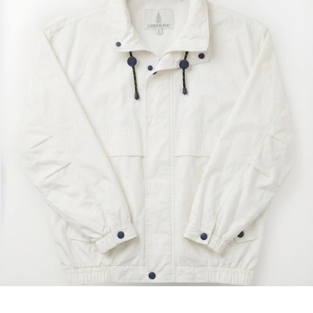 London Fog White Men’s Windbreaker Jacket with Navy Accents